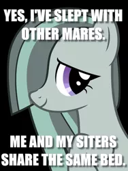 Size: 750x1000 | Tagged: safe, derpibooru import, marble pie, pony, black background, image macro, innocent, meme, misspelling, naive, painfully innocent marble, paraprosdokian, simple background, solo