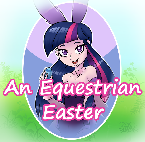 Size: 1280x1260 | Tagged: advertisement, an equestrian easter, artist:ambris, art pack:an equestrian easter, breasts, bunny ears, bunny suit, cleavage, clothes, colored pupils, derpibooru import, easter, easter egg, evening gloves, female, gloves, human, humanized, leotard, long gloves, looking at you, open mouth, pantyhose, raised eyebrow, sexy, smiling, solo, solo female, suggestive, twilight sparkle