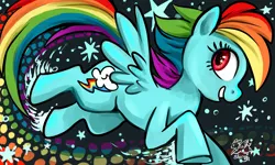 Size: 1280x768 | Tagged: safe, artist:sharpie91, derpibooru import, rainbow dash, pony, flying, rainbow, solo, stars