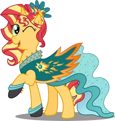 Size: 5080x5341 | Tagged: safe, artist:sugar-loop, derpibooru import, sunset shimmer, pony, unicorn, legend of everfree, absurd resolution, alternate hairstyle, clothes, crystal gala, dress, equestria girls outfit, one eye closed, open mouth, raised hoof, simple background, smiling, solo, transparent background, vector, wink