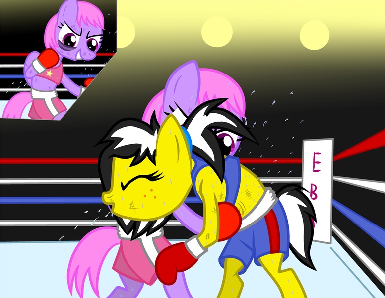 Size: 2048x1583 | Tagged: semi-grimdark, artist:tinkerbox, derpibooru import, oc, oc:melody notes, oc:uppercute, unofficial characters only, earth pony, pegasus, pony, bipedal, black eye, boxing, boxing gloves, boxing ring, bruised, clothes, duo, eyes closed, female, fight, freckles, frown, gradient background, grin, gritted teeth, mare, open mouth, shorts, smiling, spit, sports bra, stars