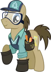 Size: 711x994 | Tagged: safe, artist:pacificgreen, derpibooru import, doctor whooves, douglas spruce, evergreen, time turner, pony, cap, clothes swap, goggles, hat, hoof shoes, safety goggles, simple background, solo, toolbelt, transparent background, vector, voice actor joke
