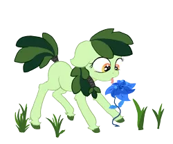 Size: 2529x2097 | Tagged: safe, artist:paskanaakka, derpibooru import, oc, oc:sweetleaf, unofficial characters only, earth pony, pony, bad idea, colored hooves, female, filly, floppy ears, flower, grass, imminent darwin award, licking, open mouth, poison joke, simple background, solo, tail wrap, this will end in laughs, this will end in tears and/or death, tongue out, too dumb to live, transparent background, unshorn fetlocks