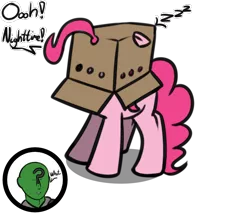 Size: 1072x917 | Tagged: safe, artist:neuro, derpibooru import, pinkie pie, oc, oc:anon, earth pony, human, pony, box, cardboard box, dozing upright like horses do, female, mare, pony in a box, silly, simple background, sleeping, sleeping while standing, transparent background, zzz