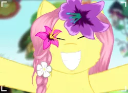 Size: 784x572 | Tagged: safe, artist:onyxpenstroke, derpibooru import, fluttershy, pegasus, pony, alternate hairstyle, arms wide open, blurred background, braid, bust, camera shot, cheek fluff, eyes closed, flower, flower in hair, fluttershy's cottage, happy, portrait, screencapped background, selfie, smiling, solo