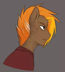 Size: 791x876 | Tagged: anthro, anthro oc, artist:askbubblelee, clothes, derpibooru import, facial hair, freckles, goatee, male, oc, oc:singe, orange hair, sad, safe, simple background, solo, stallion, unofficial characters only, white hair