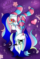 Size: 1024x1491 | Tagged: safe, artist:animechristy, derpibooru import, oc, oc:cuddle socks, oc:sapphire heart song, unofficial characters only, pegasus, pony, clothes, commission, cute, female, mare, ocbetes, one eye closed, socks, solo, stockings, striped socks, thigh highs, tongue out, wink