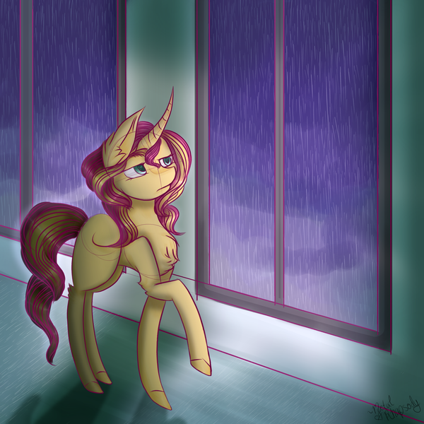 Size: 3850x3850 | Tagged: safe, artist:zombiecupcake101, derpibooru import, sunset shimmer, pony, chest fluff, colored pupils, curved horn, ear fluff, indoors, missing cutie mark, rain, raised hoof, shadow, signature, solo, walking, window