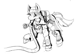 Size: 1000x707 | Tagged: safe, artist:darkhestur, derpibooru import, oc, oc:burning stream, unofficial characters only, pony, black and white, firefighter, gas mask, grayscale, helmet, hose, mask, monochrome, simple background, solo, traditional art