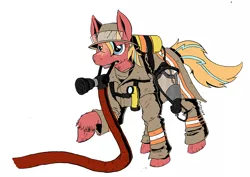 Size: 1000x707 | Tagged: safe, artist:darkhestur, derpibooru import, oc, oc:burning stream, unofficial characters only, earth pony, pony, firefighter, gas mask, helmet, hose, mask, mouth hold, simple background, solo, unshorn fetlocks, white background