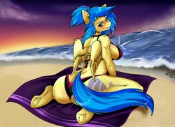 Size: 3300x2400 | Tagged: alternate hairstyle, anthro, anthro oc, artist:theecchiqueen, ass, beach, beach towel, bikini, blushing, breasts, clothes, commission, derpibooru import, female, kneeling, looking back, mare, oc, oc:silvia, pegasus, sexy, sideboob, solo, solo female, suggestive, swimsuit, underhoof, unguligrade anthro, unofficial characters only