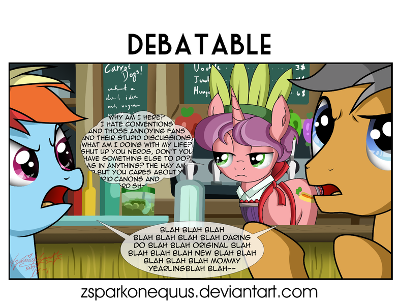 Size: 1675x1280 | Tagged: safe, artist:zsparkonequus, derpibooru import, carrot bun, quibble pants, rainbow dash, pony, stranger than fan fiction, comic, dialogue, inner thoughts, vendor, what am i doing with my life...