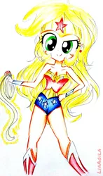 Size: 942x1600 | Tagged: safe, artist:liaaqila, derpibooru import, applejack, equestria girls, bare shoulders, blonde, crossover, hatless, looking at you, missing accessory, sleeveless, solo, strapless, wonder woman, wonderjack