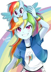 Size: 990x1400 | Tagged: safe, artist:aruba, derpibooru import, rainbow dash, pegasus, pony, equestria girls, anime, blushing, clothes, compression shorts, cute, dashabetes, female, grin, human ponidox, mare, moe, pixiv, pony hat, rainbow, shirt, skirt, smiling, tiny ponies