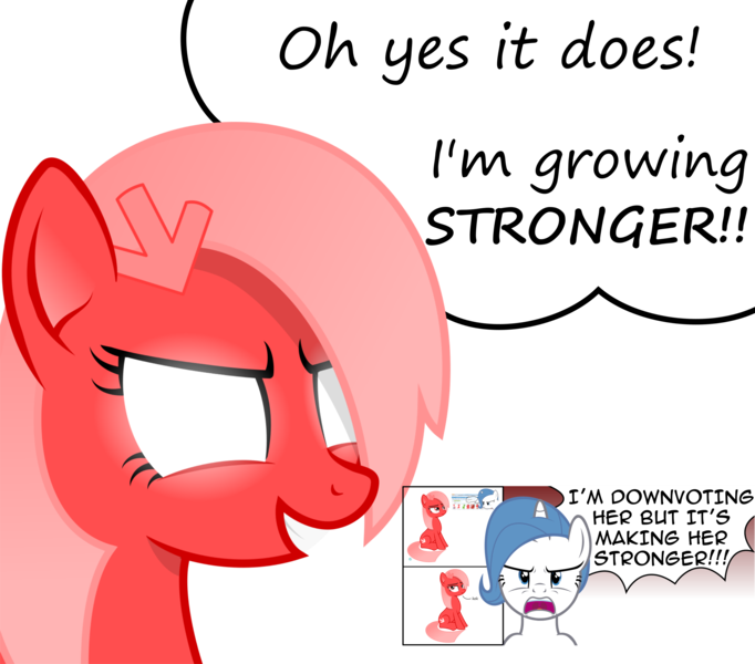 Size: 2890x2544 | Tagged: safe, artist:arifproject, artist:badumsquish, derpibooru import, part of a set, oc, oc:downvote, oc:theme, ponified, unofficial characters only, pony, derpibooru, derpibooru ponified, dialogue, downvote bait, downvote vs theme, downvotes are upvotes, evil grin, female, glowing eyes, grin, hairclip, i am growing stronger, illusion, meta, part of a series, reply, simple background, smiling, transparent background, twibooru theme illusion, vector