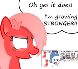 Size: 2890x2544 | Tagged: safe, artist:arifproject, artist:badumsquish, derpibooru import, part of a set, oc, oc:downvote, oc:theme, ponified, unofficial characters only, pony, derpibooru, derpibooru ponified, dialogue, downvote bait, downvote vs theme, downvotes are upvotes, evil grin, female, glowing eyes, grin, hairclip, i am growing stronger, illusion, meta, part of a series, reply, simple background, smiling, transparent background, twibooru theme illusion, vector
