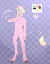 Size: 1280x1630 | Tagged: safe, artist:mint-and-love, derpibooru import, oc, oc:dandy lion, unofficial characters only, anthro, unguligrade anthro, unicorn, abstract background, featureless crotch, femboy, male, soft boi, solo, unshorn fetlocks