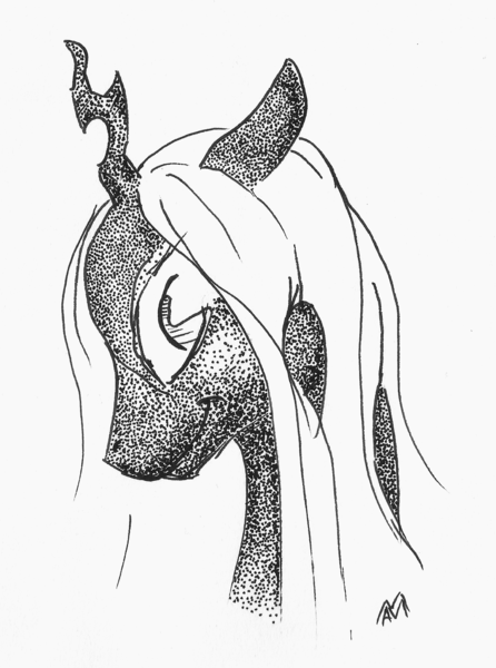 Size: 2222x2987 | Tagged: artist:sigridmarialer, changeling, derpibooru import, monochrome, pointillism, queen chrysalis, safe, simple background, solo, traditional art