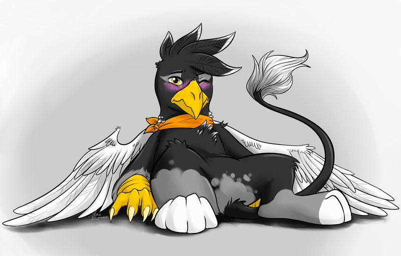Size: 2952x1889 | Tagged: safe, artist:alexispaint, derpibooru import, oc, oc:angelio pennelo, unofficial characters only, gryphon, bandana, blushing, clothes, gradient background, male, one eye closed, scarf, solo