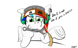 Size: 2400x1500 | Tagged: artist:raptorpwn3, cranial, derpibooru import, flightline, headset, mechanic, oc, oc:pedals, safe, sergeant, solo, unofficial characters only, vulgar, wrench