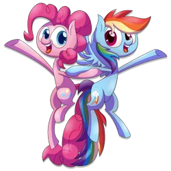 Size: 2743x2743 | Tagged: safe, artist:supercoco142, derpibooru import, pinkie pie, rainbow dash, pony, duo, high res, holding hooves, midair, open mouth, simple background, smiling, transparent background