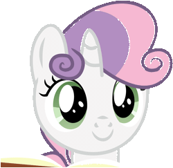 Size: 2039x1981 | Tagged: safe, artist:cyanlightning, derpibooru import, sweetie belle, pony, unicorn, the cart before the ponies, animated, blinking, book, cute, diasweetes, eye shimmer, gif, happy, simple background, solo, sweet dreams fuel, transparent background