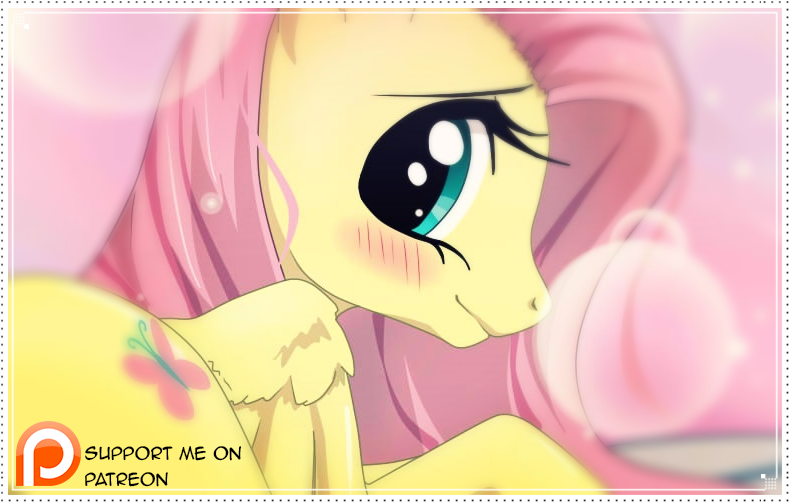 Size: 790x503 | Tagged: safe, artist:lilapudelpony, derpibooru import, fluttershy, pegasus, pony, blushing, cute, depth of field, looking back, patreon, patreon logo, profile, shyabetes, smiling, solo