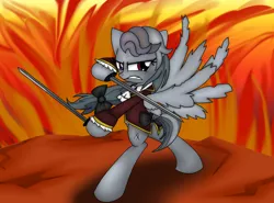 Size: 2700x2000 | Tagged: safe, artist:geraritydevillefort, derpibooru import, rainbow dash, pony, the count of monte rainbow, bipedal, clothes, dual wield, edmond dantes, fire, hoof hold, rainbow dantes, solo, sword, the count of monte cristo, weapon