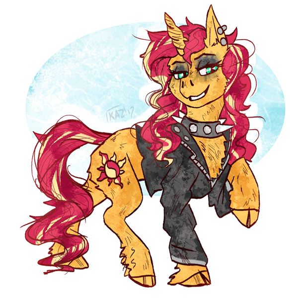 Size: 900x874 | Tagged: safe, artist:sun-shimmer, derpibooru import, sunset shimmer, classical unicorn, pony, unicorn, abstract background, choker, clothes, cloven hooves, ear piercing, eyeshadow, jacket, leather jacket, leonine tail, makeup, piercing, punk, raised hoof, simple background, solo, spiked choker, unshorn fetlocks, white background