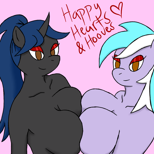 Size: 1024x1024 | Tagged: questionable, artist:darthxanatos501, derpibooru import, oc, oc:morning melody, oc:sweet scribe, unofficial characters only, anthro, changeling, earth pony, big breasts, breasts, changeling oc, cleavage, female, hearts and hooves day, lesbian, symmetrical docking