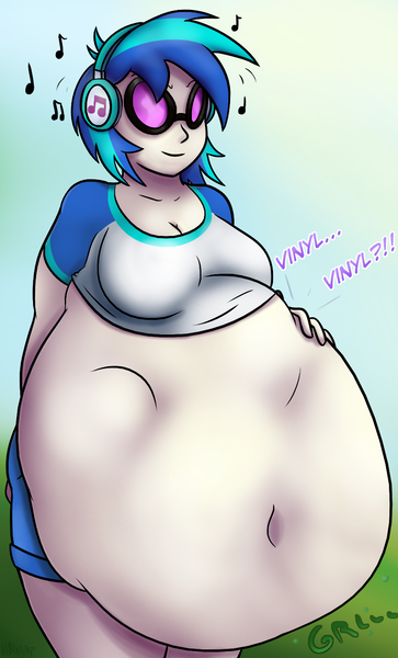 Size: 892x1473 | Tagged: questionable, semi-grimdark, artist:variant, derpibooru import, octavia melody, vinyl scratch, equestria girls, belly, belly button, big belly, big breasts, breasts, busty vinyl scratch, cleavage, dialogue, female, fetish, imminent death, implied death, implied digestion, impossibly large belly, music, music notes, oral vore, same size vore, stomach noise, vinyl pred, vore