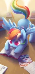 Size: 874x1819 | Tagged: safe, artist:dawnfire, derpibooru import, daring do, rainbow dash, pegasus, pony, book, colored pupils, cute, dashabetes, face down ass up, female, happy, mare, pounce, raised tail, reading, signature, smiling, solo, spread wings, tail, wooden floor