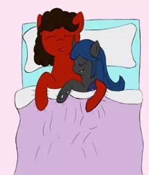 Size: 1097x1280 | Tagged: artist:darthxanatos501, bed, bedsheets, changeling, changeling oc, cuddling, derpibooru import, male, oc, oc:autumn, oc:sweet scribe, pillow, safe, sleeping, snuggling, straight, unofficial characters only