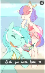 Size: 746x1198 | Tagged: safe, artist:braindead, derpibooru import, bon bon, lyra heartstrings, sweetie drops, earth pony, pony, semi-anthro, unicorn, beach, beach ball, bikini, clothes, female, ocean, selfie, swimsuit