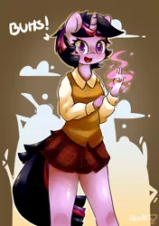 Size: 3148x4460 | Tagged: safe, artist:bloodatius, derpibooru import, twilight sparkle, anthro, unicorn, absurd resolution, alternate hairstyle, butts, clothes, colored pupils, cute, dialogue, female, glow, legs, looking at you, magic, mare, open mouth, plaid, pleated skirt, shirt, short hair, skirt, smiling, solo, twiabetes, vest