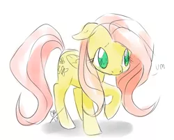 Size: 870x700 | Tagged: safe, artist:heavy-weight, derpibooru import, fluttershy, pegasus, pony, floppy ears, folded wings, looking at you, looking up, raised hoof, simple background, sketch, solo, um, white background