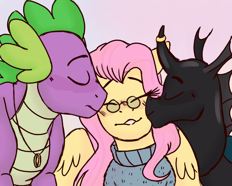 Size: 2000x1600 | Tagged: artist:lxxjunebugxxl, changeling, clothes, crack shipping, derpibooru import, dragon, female, fluttershy, fluttershy gets all the dudes, fluttershy gets all the stallions, flutterspike, gay, glasses, interspecies, kissing, kiss on the cheek, kiss sandwich, male, polyamory, safe, shipping, spike, straight, sweater, sweatershy, thorax, thoraxshy, thoraxspike