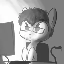 Size: 792x792 | Tagged: safe, artist:tjpones, derpibooru import, oc, unofficial characters only, earth pony, pony, chair, glasses, grayscale, keyboard, monochrome, ponysona, screen, sitting, solo