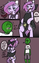 Size: 746x1200 | Tagged: suggestive, artist:/d/non, derpibooru import, oc, oc:anon, oc:star point, unofficial characters only, human, pegasus, pony, bait and switch, bipedal, blushing, bow, censored, clothed ponies, clothes, comic, dialogue, disappointment, dress, dress lift, flashing, hair bow, speech bubble, vulgar