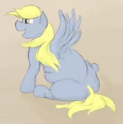 Size: 1415x1428 | Tagged: safe, artist:lupin quill, derpibooru import, derpy hooves, pegasus, pony, aderpose, chubby, fat, female, mare, missing cutie mark, simple background, sitting, solo