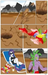 Size: 792x1224 | Tagged: suggestive, artist:dekomaru, derpibooru import, rarity, spike, anthro, dragon, comic:one scale of a night, beefspike, bikini, breasts, clothes, comic, explicit source, gem, male, partial nudity, sandals, shipping, sparity, straight, swimsuit, topless