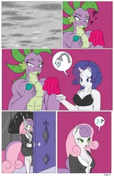 Size: 792x1224 | Tagged: suggestive, artist:dekomaru, derpibooru import, rarity, spike, sweetie belle, anthro, dragon, comic:one scale of a night, bare chest, beefspike, breasts, busty sweetie belle, clothes, comic, explicit source, female, gem, male, shipping, sparity, straight