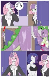 Size: 792x1224 | Tagged: suggestive, artist:dekomaru, derpibooru import, rarity, spike, sweetie belle, anthro, dragon, comic:one scale of a night, beefspike, breasts, casual nudity, clothes, comic, explicit source, female, gem, male, nudity, shipping, shower, sparity, straight