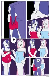 Size: 792x1224 | Tagged: suggestive, artist:dekomaru, derpibooru import, rarity, spike, sweetie belle, anthro, dragon, comic:one scale of a night, beefspike, bikini, breasts, busty sweetie belle, clothes, comic, female, male, nipples, nudity, shipping, shower, sparity, straight