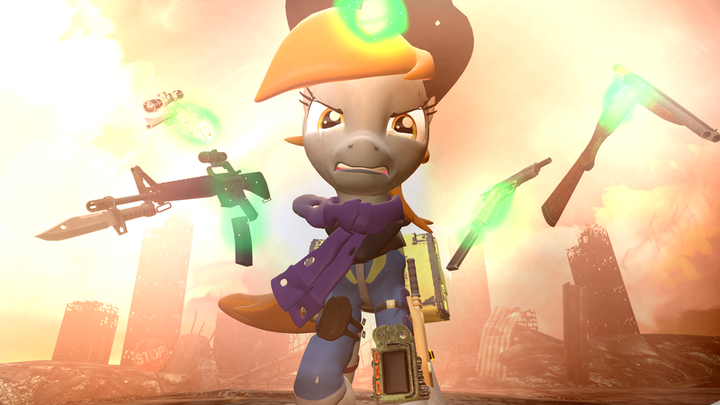 Size: 1920x1080 | Tagged: safe, artist:tailzythefox1, derpibooru import, oc, oc:littlepip, unofficial characters only, pony, unicorn, fallout equestria, fanfic, 3d, assault rifle, clothes, fanfic art, female, glowing horn, gun, handgun, horn, little macintosh, magic, mare, pipbuck, pistol, revolver, rifle, ruins, scarf, shotgun, solo, telekinesis, vault suit, wasteland, weapon