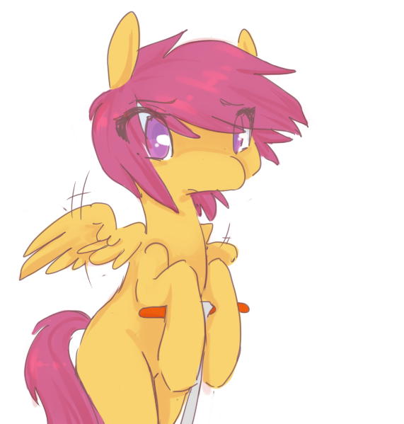 Size: 571x599 | Tagged: safe, artist:braindead, derpibooru import, scootaloo, pegasus, pony, bipedal, colored pupils, cute, cutealoo, eye clipping through hair, female, scooter, simple background, solo, white background