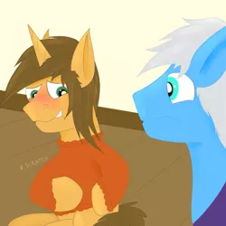 Size: 1500x1500 | Tagged: suggestive, artist:djose-ohara, derpibooru import, oc, oc:djose, oc:jet, unofficial characters only, pegasus, pony, unicorn, blushing, clothes, sitting, sweater