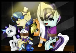 Size: 5000x3483 | Tagged: absurd resolution, abuse, applejack, artist:moonlight0shadow0, bondage, brush, chair, clothes, coloratura, countess coloratura, crying, derpibooru import, eyes closed, feather, hat, microphone, rarity, recording studio, rope, rope bondage, safe, sapphire shores, shoes, singing, smiling, sound booth, tickle torture, tickling, tied to chair, wat