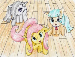 Size: 3010x2261 | Tagged: safe, artist:40kponyguy, derpibooru import, coco pommel, fluttershy, marble pie, earth pony, pegasus, pony, 40kponyguy is trying to murder us, :p, blushing, both cutie marks, cocobetes, cute, ear fluff, female, floppy ears, hair over one eye, hnnng, looking at you, looking up, marblebetes, mare, open mouth, raised hoof, shyabetes, sitting, smiling, the council of shy ponies, tongue out, traditional art, wooden floor