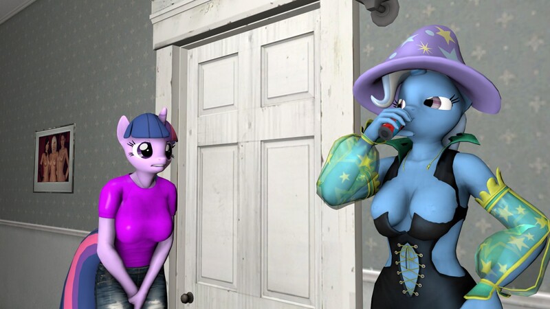 Size: 1280x720 | Tagged: 3d, anthro, artist:scalelover, bathroom denial, breasts, cleavage, covering crotch, derpibooru import, desperation, female, need to pee, omorashi, potty dance, potty emergency, potty time, source filmmaker, suggestive, trixie, twilight sparkle